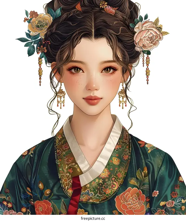 A digital painting of a young woman with brown hair and brown eyes. She is wearing a traditional Korean hanbok and has flowers in her hair.