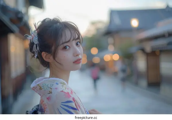 Young Asian Woman in Kimono Walking Down Street in Japan