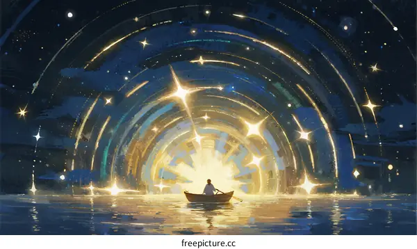 A Small Boat Sailing Through a Starry Tunnel of Light