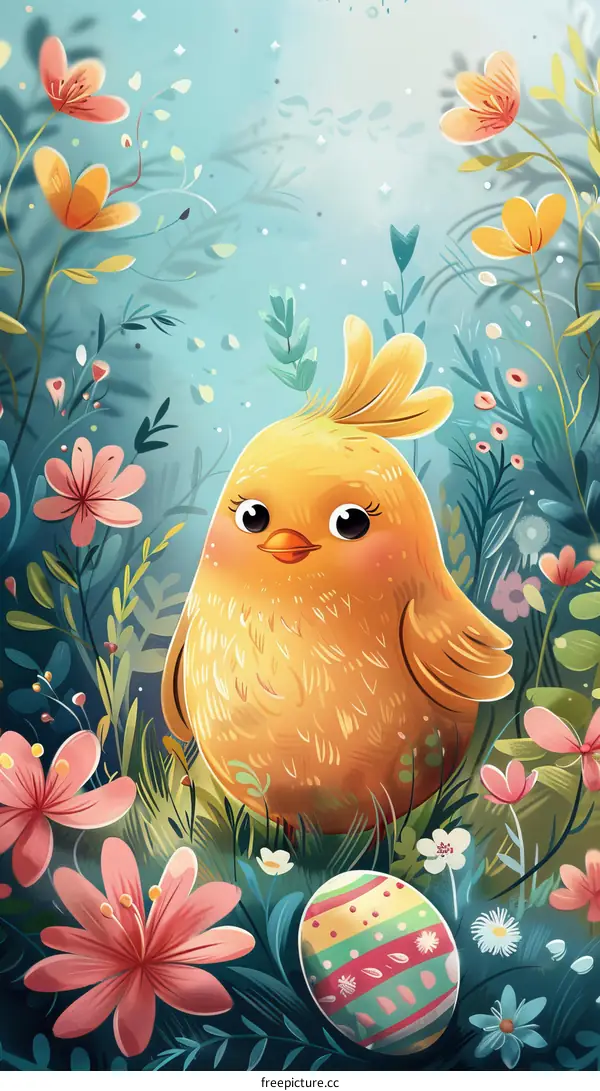 A cute yellow baby chicken standing in a field of flowers