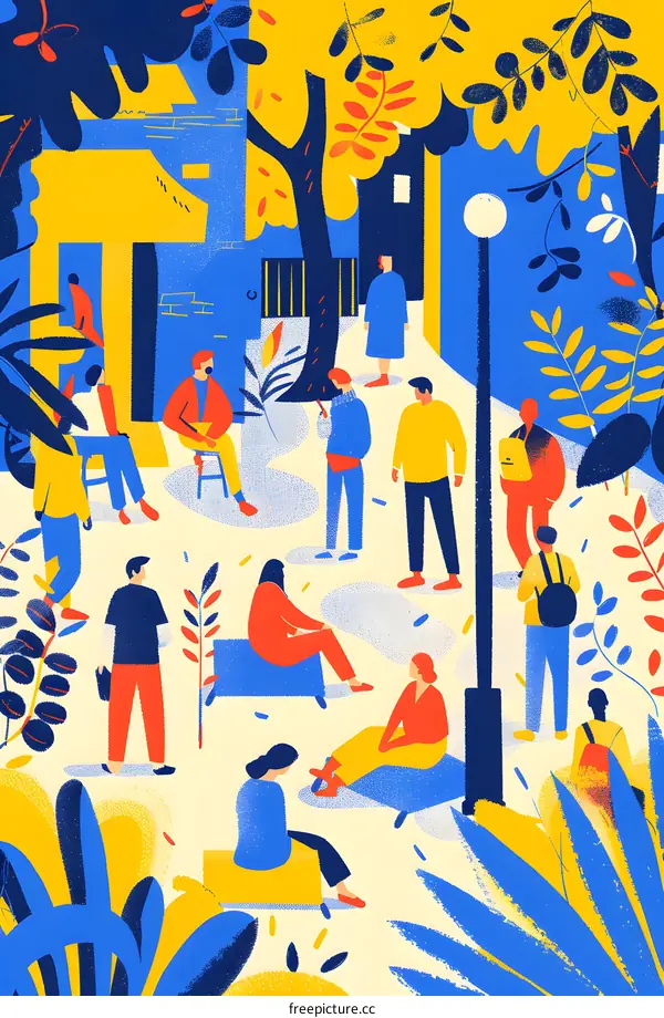 Colorful Illustration of People Relaxing in a Park