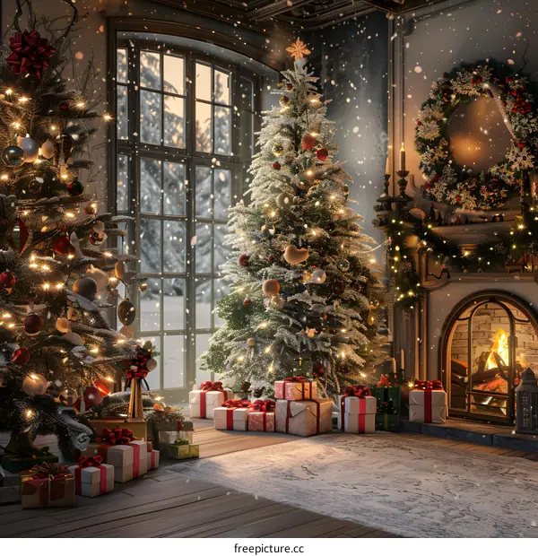 A Christmas tree decorated by the fireplace