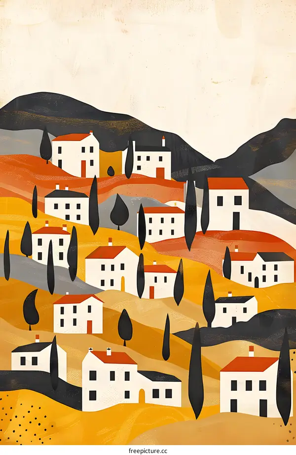 Abstract Illustration of a Village on a Hillside with Yellow and Orange Hills
