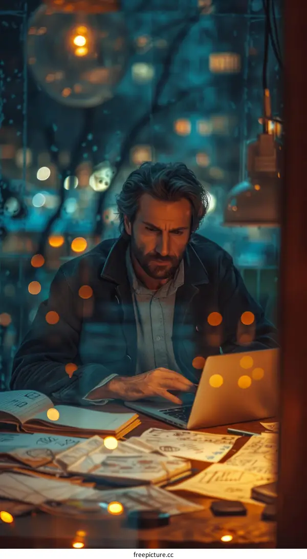 pensive man working late on his laptop in a dimly lit room