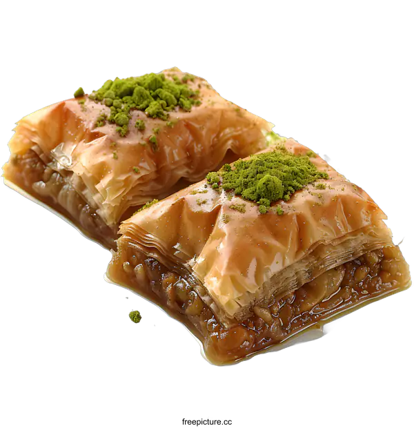 [Transparent Background PNG]Two pieces of baklava with pistachios on a white background