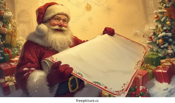 Santa Claus holding a blank paper with a Christmas tree and presents in the background