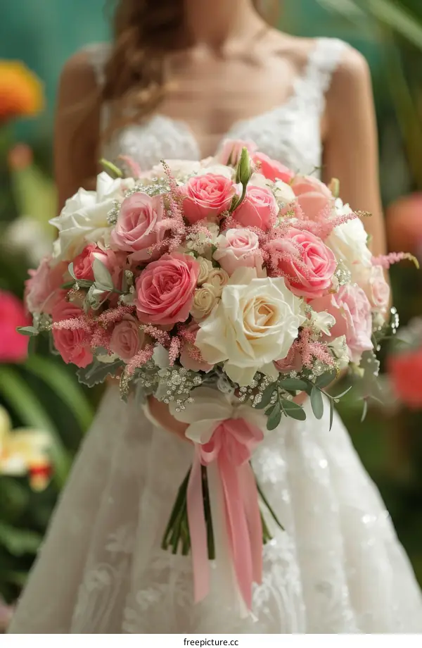 A bride holding a bouquet of pink and white roses