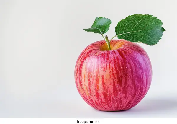 A red apple with green leaves on a white background