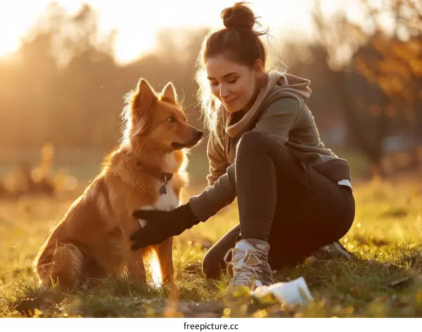 A young woman is petting a dog outside in the park
