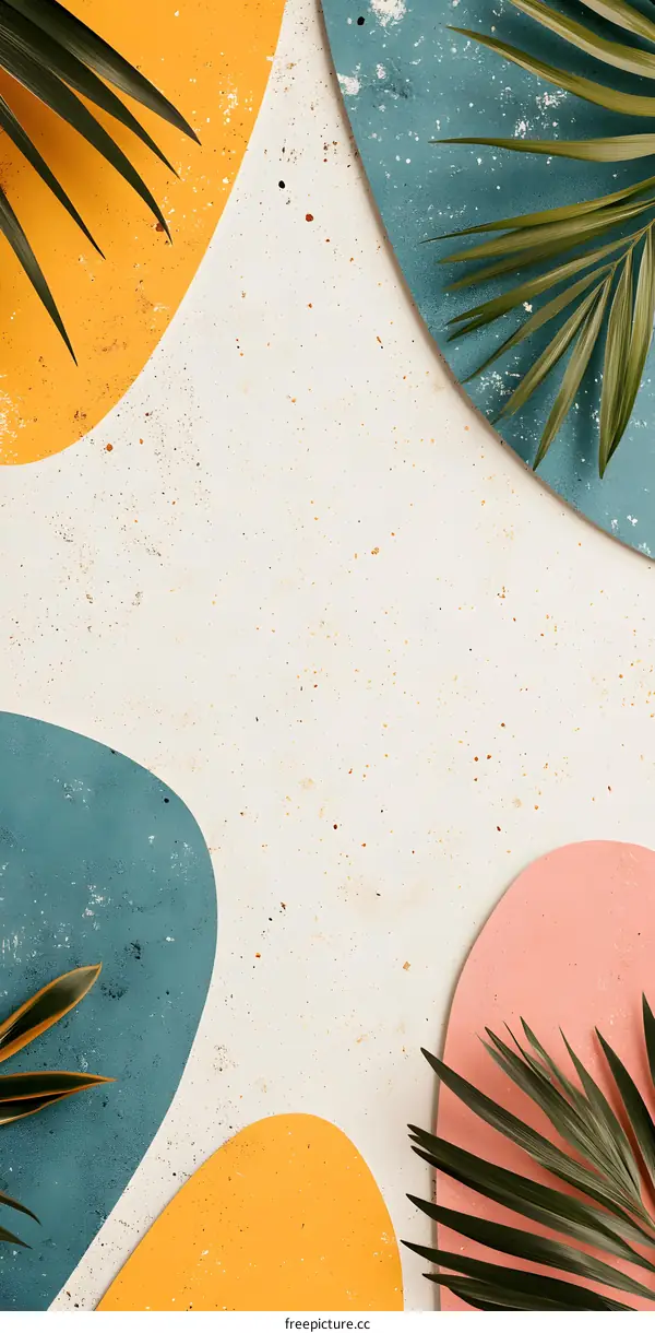Summer Tropical Leaves and Colorful Shapes Background