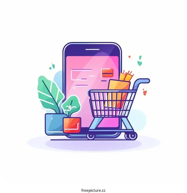 Online Shopping Illustration with Smartphone, Cart, and Plants