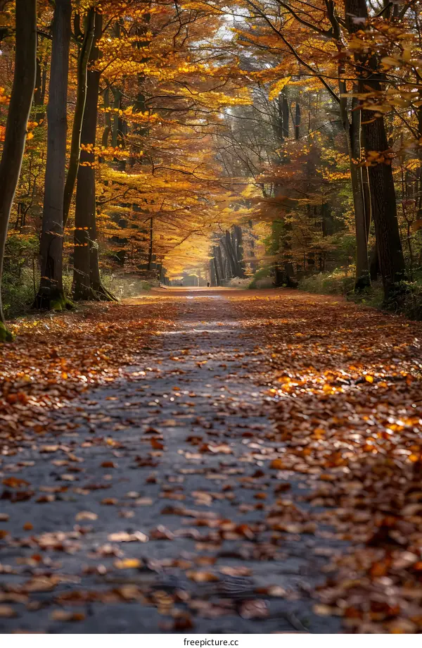 Autumn Path Through Forest With Golden Leaves