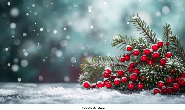 Christmas background with red berries and snow