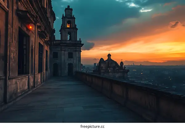 Sunset View from the Top of a Church in a City