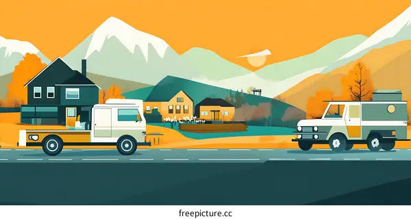 Mountain Road Landscape Illustration With Two Vans