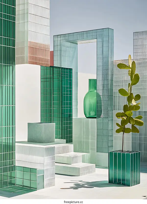 Minimalist Green Glass Architecture with Cactus and Vase
