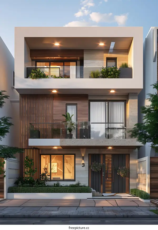 A modern three-story house with a flat roof and a minimalist design