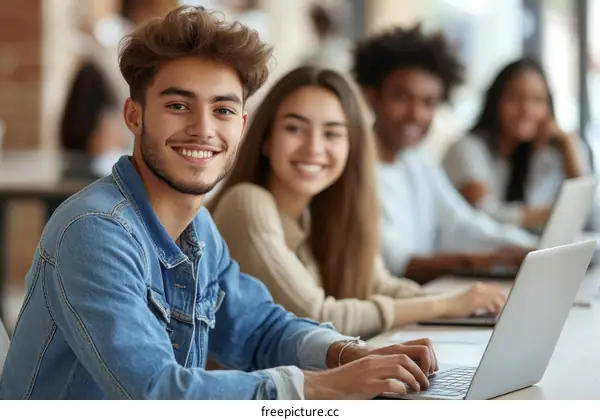 Happy Students Working Together in Modern Classroom