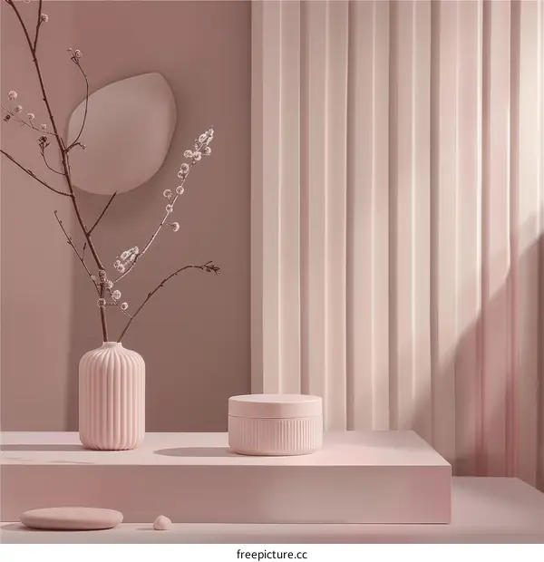 Minimalist Pink Background with Vase and Beauty Product on Table