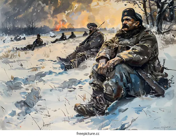 A group of soldiers sitting in the snow