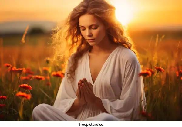 Woman Praying in Sunset Field
