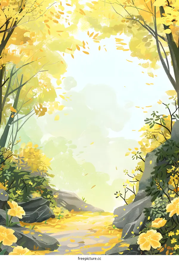 Yellow Leaves and Flowers on Pathway in Forest