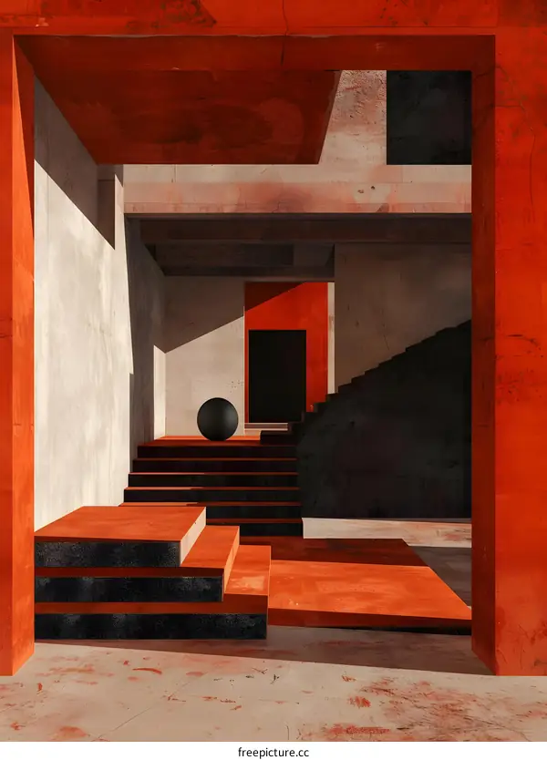 Abstract Minimalist Architecture with Red and Grey Concrete