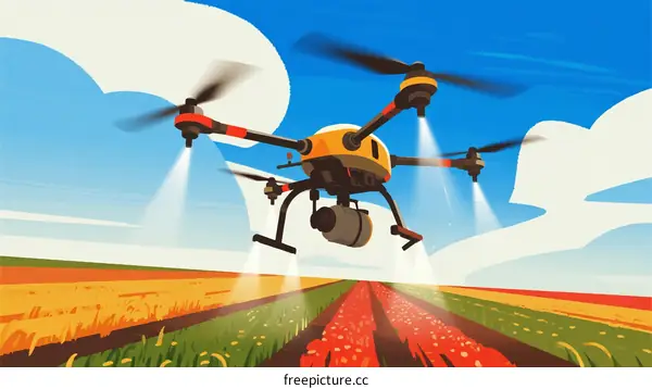A modern agricultural drone flying over a colorful crop field