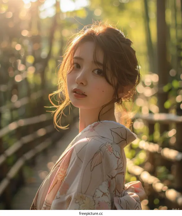 Asian Woman in Traditional Japanese Kimono in Nature