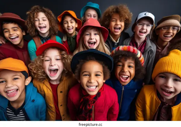 A group of diverse children wearing colorful hats are smiling and laughing.