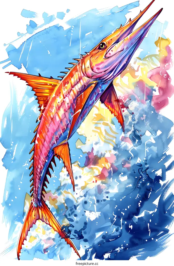 A colorful illustration of a sailfish jumping out of the water