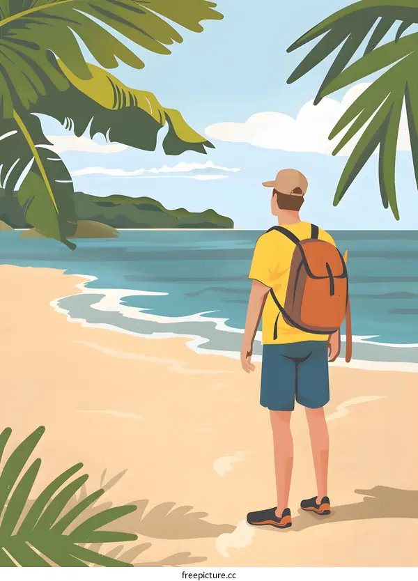 Man with Backpack Standing on the Beach