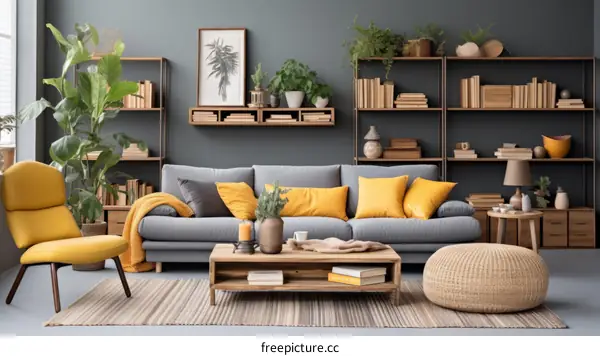 Modern Living Room with Gray Sofa and Yellow Accents