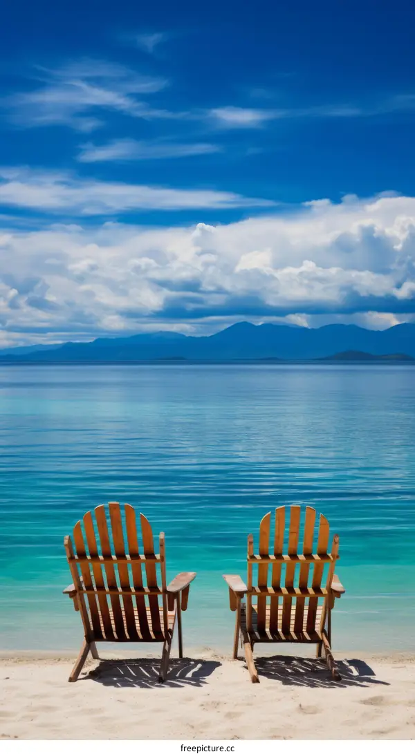Two wooden chairs placed on a beach with a beautiful seascape in the background