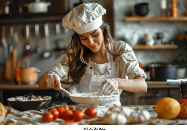 Woman Kneading Dough in a Kitchen