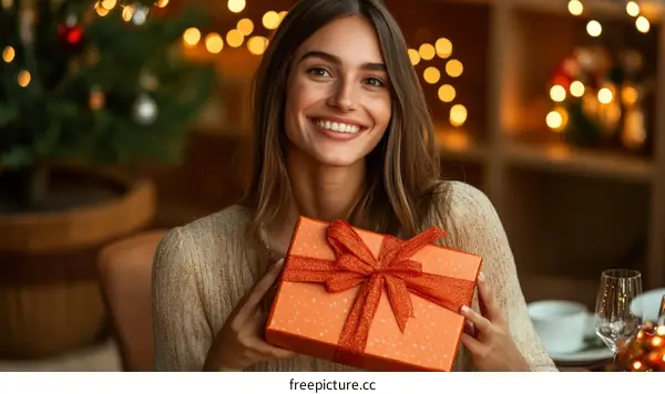Woman with Christmas gift box at home