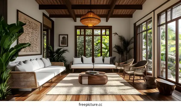 Tropical Living Room Interior Design With Woven Furniture