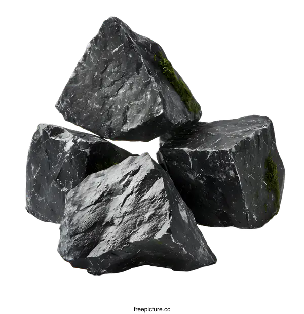 [Transparent Background PNG]Black and Grey Rocks with Green Moss Isolated on White Background