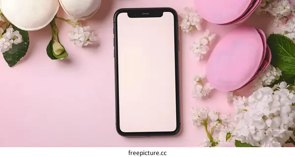 Pink Background with Smartphone and Flowers