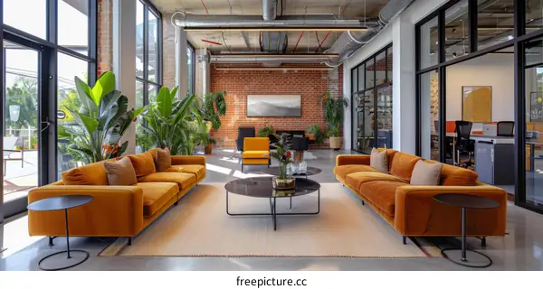 A modern office space with orange sofas and plants