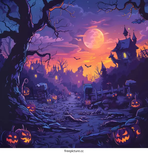 Spooky Halloween Night With Haunted House and Scary Pumpkins