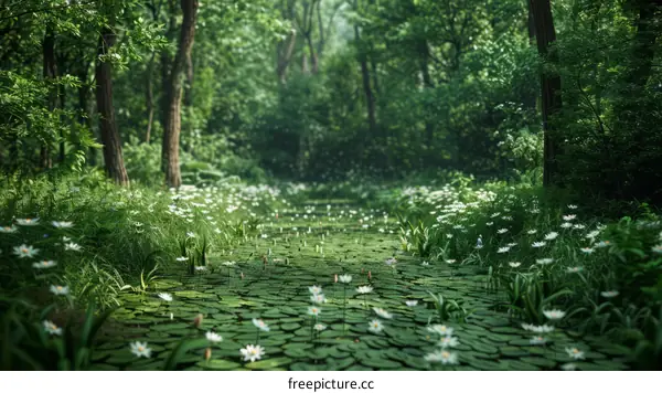 lush green plants and flowers in a forest with a river running through it
