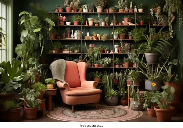 Pink armchair in a lush indoor jungle