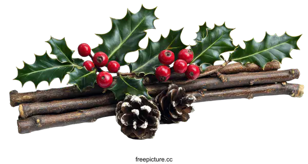 [Transparent Background PNG]Christmas Holly Decoration on Wooden Branches