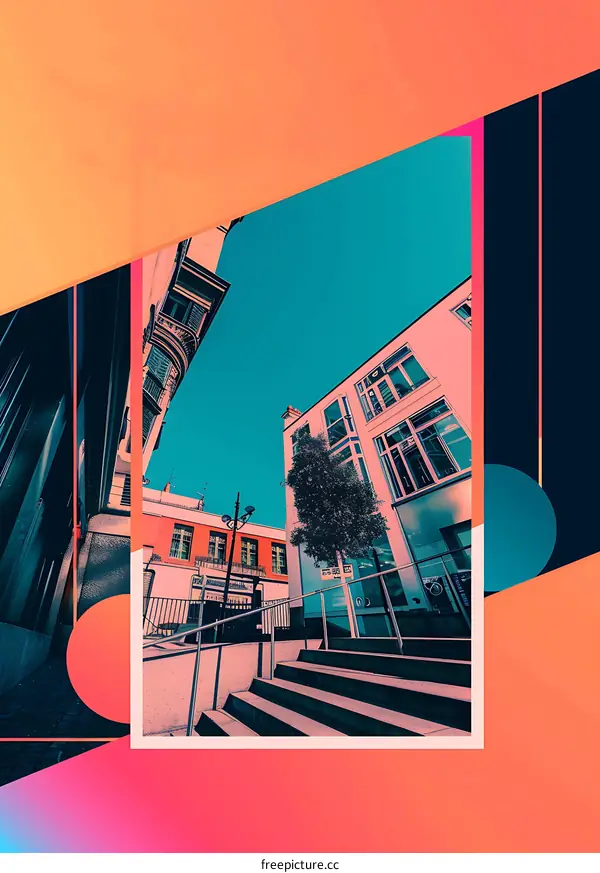 Cityscape Architecture with Bold Color Palette and Geometric Shapes