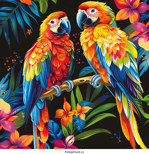 Two Colorful Parrots Perched on a Branch in a Tropical Setting