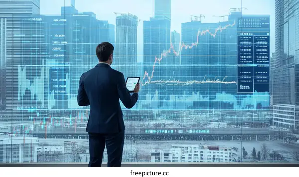 Businessman observing city skyline financial data