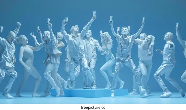 3D rendering of a group of people celebrating with drinks in the air