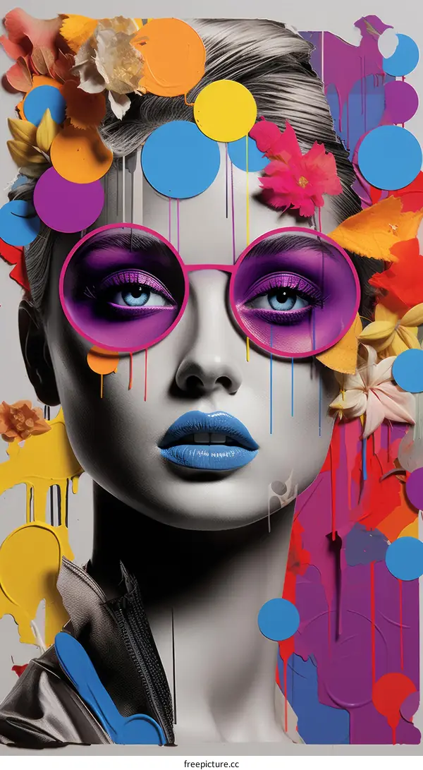 Portrait of a woman with purple sunglasses and colorful flowers in her hair