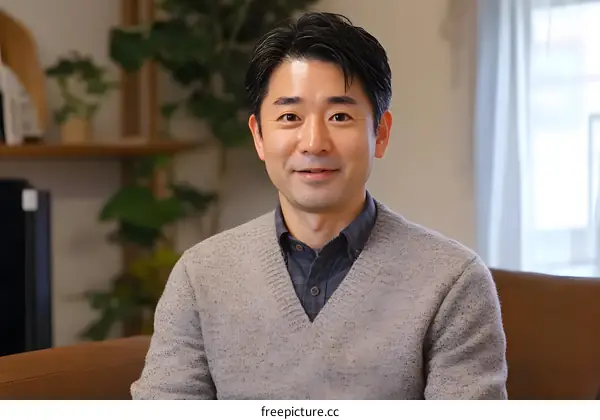 Smiling Asian Man Wearing Grey Sweater